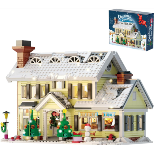 MYFUNTOY Christmas Holiday House Building Set, LED DIY Christmas Holiday Snow Village, Christmas House Compatible with Lego Gifts for Boys, Girls, Family, and Friends (1156pcs)