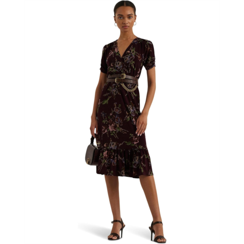 POLO RALPH LAUREN Womens Lauren Ralph Lauren Floral Jersey Surplice Puff-Sleeve Dress