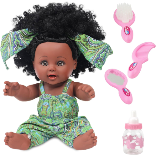 TUSALMO 12 inch Lifelike Silicone Vinyl Newborn Baby Dolls, African American Baby Black Dolls, give for Kids and Girl Holiday Birthday Gift, African Black Dolls, Reborn Doll