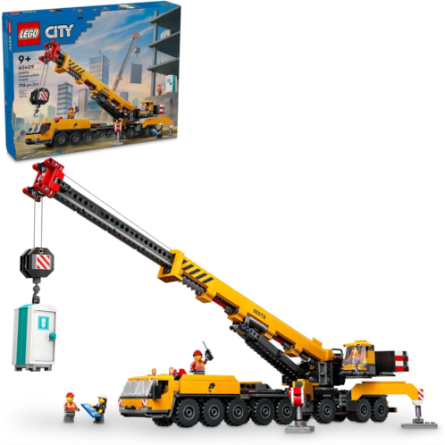 LEGO City Yellow Mobile Construction Crane Toy Set for Boys and Girls, Long Extendable Boom and 4 Worker Minifigures Included for Imaginative Role Play, Construction Toy Birthday G