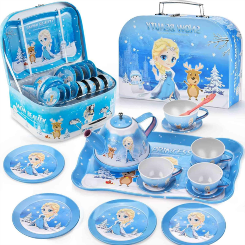 Lajeje Frozen Toys for Girls - Elsa Princess Tea Party Set for Little Girls - 19 Pack Kids Kitchen Pretend Toy with Tin Tea Set, Desserts & Carrying Case - Birthday Gift for Age 3 4 5 6 Y