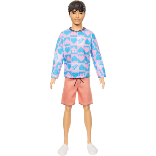 Barbie Fashionistas Ken Doll #219 with Slender Body Wearing a Removable Long-Sleeve Pink & Blue Patterned Shirt & Pink Shorts