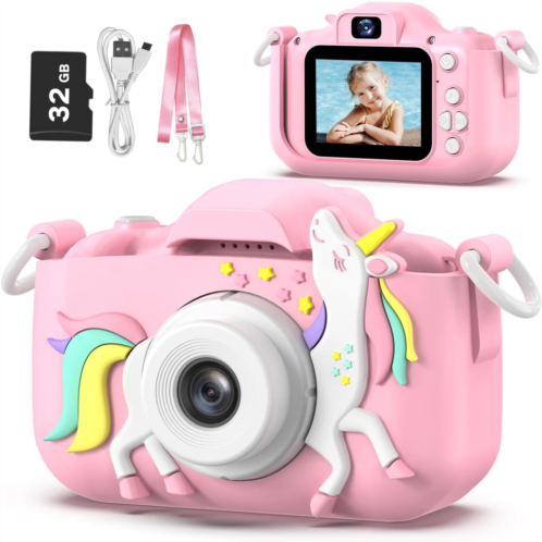 Goopow Kids Camera Toys for 3-8 Year Old Boys,Children Digital Video Camcorder Camera with Cartoon Soft Silicone Cover, Best Chritmas Birthday Festival Gift for Kids - 32G SD Card