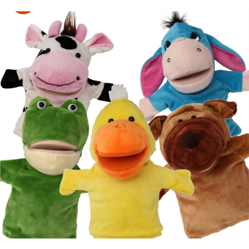 BETTERLINE 5-Piece Set Animal Hand Puppets with Open Movable Mouth/Zoo, Safari, Farm, Jungle/Cow, Duck, Brown Dog, Frog and Donkey