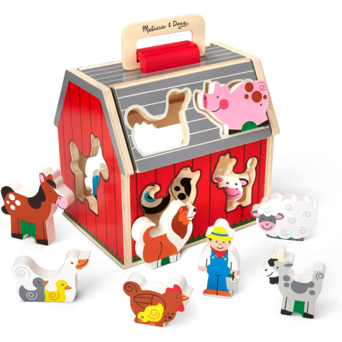 Melissa & Doug Wooden Take-Along Sorting Barn Toy with Flip-Up Roof and Handle, 10 Wooden Farm Play Pieces - Farm Toys, Shape Sorting And Stacking Learning Toys For Toddlers And Ki
