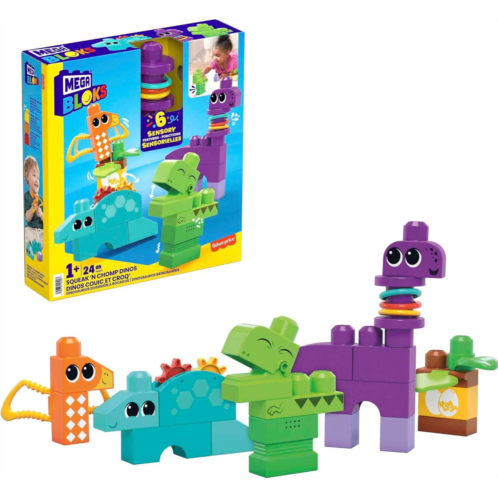 Mega BLOKS Fisher-Price Toddler Building Blocks Toy Set, Squeak ‘n Chomps Dinos with 24 Pieces, 4 Buildable Animals, Ages 1+ Years