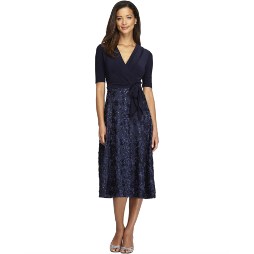Alex Evenings Petite Tea Length Party Dress with Full Rosette Skirt and Tie Faux Belt