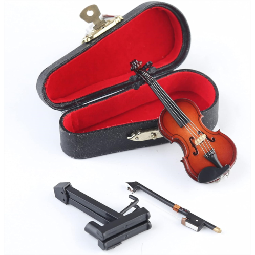 Seawoo Dselvgvu Wooden Miniature Violin with Stand,Bow and Case Mini Musical Instrument Miniature Dollhouse Model Home Decoration (3.15x1.18x0.59)