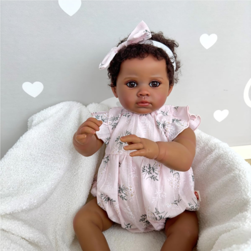 TERABITHIA 24 Inches Huge Size Hand Rooted Hair African American Real Life Reborn Baby Doll Gift Set with Soft Weighted Body Realistic Newborn Toddler Girl Dolls in Dark Brown Skin