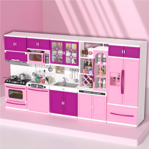 TEMI 56 PCS Kitchen Set for Kids Girls Pink Play Accessories 5-in-1 Mini Kitchen with Lights & Sounds, Perfect for 11-12 Dolls