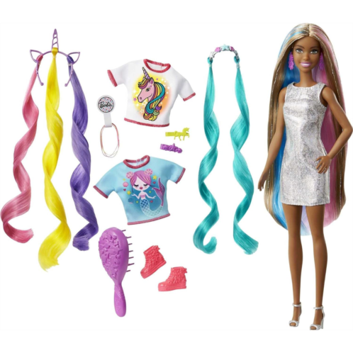 Barbie Fantasy Hair Doll, Brunette, with 2 Decorated Crowns, 2 Tops & Accessories for Mermaid and Unicorn Looks, Plus Hairstyling Pieces, for Kids 3 to 7 Years Old