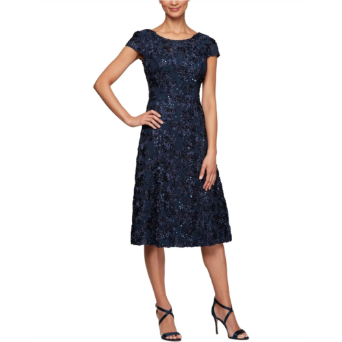 Womens Alex Evenings Tea Length A-Line Rosette Dress