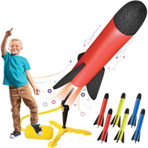 Motoworx Toy Rocket Launcher for kids - Shoots Up to 100 Feet - 6 Colorful Foam Rockets and Sturdy Launcher Stand, Launch Pad - Fun Outdoor Toy for Kids - Gift Toys for Boys and Girls Age 3