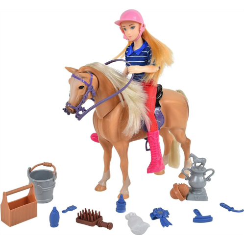 Sunny Days Entertainment Palomino Horse with Rider - Playset with 14 Realistic Grooming Accessories and Sounds Blonde Doll in Riding Outfit Horse Toys for Girls and Boys - Blue Rib