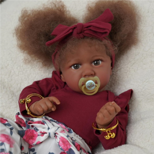 JIZHI Reborn Baby Dolls Black - 22 Inch Lifelike Soft Body Realistic-Newborn Baby Dolls Taupe Eyes Caramel Skin Tone Real Life Baby Dolls and Toy Accessories Gift for Kids Age 3