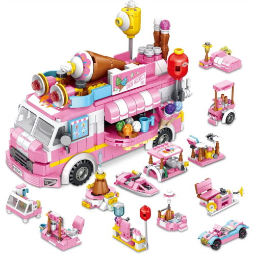 PANLOS 553 PCS Building Toys for Girls, 25-in-1 Ice Cream Truck Building Bricks Construction Vehicles Kit, STEM Learning Building Blocks Set, Birthday Gifts for Kids Girls Age 5-12