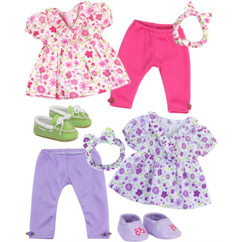 Sophias 8 Piece Set Floral Pink and Purple Tops, Pink and Purple Leggings, Matching Headbands, and Lime and Purple Shoes Set for Two 15 Dolls