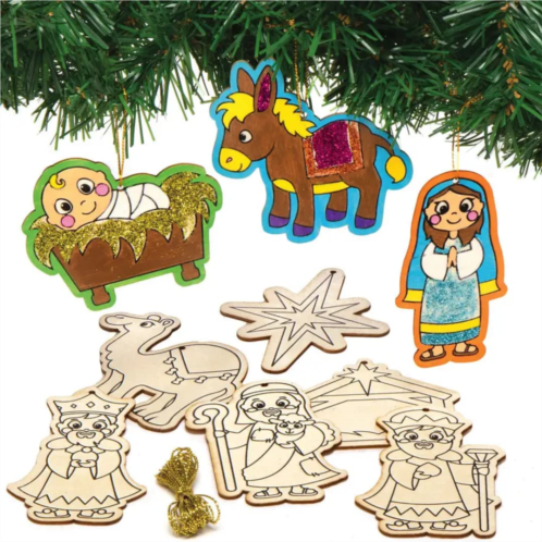 Baker Ross AX562 Color in Wooden Nativity Tree Decorations - Pack of 12, Make Your Own Festive Arts and Crafts for Christmas Activities