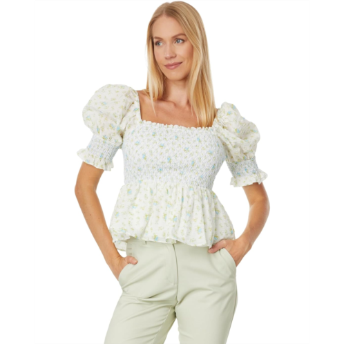 Womens English Factory Smocked Floral Puff Sleeve Top