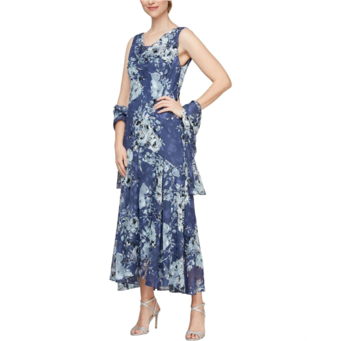 Womens Alex Evenings Tea Length Chiffon Burnout Dress