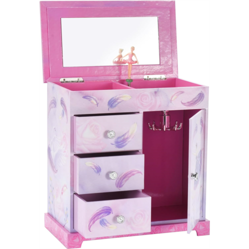 Jewelkeeper Pink and Purple Ballerina 3 Drawers Jewelry Box for Girls - Little Girls Wooden Jewelry Box with Necklace Carousel - for Kids or Teen Necklaces and Accessories Mothers