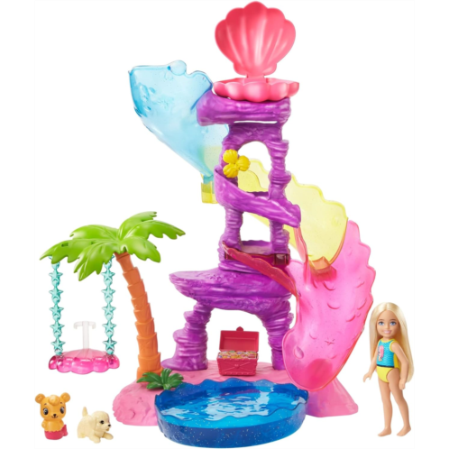 Barbie Dreamtopia Chelsea Water Lagoon Playset with Chelsea Doll (6 in Blonde), 2 Pets, Slide, Pool & Swing, Gift for 3 to 7 Year Olds