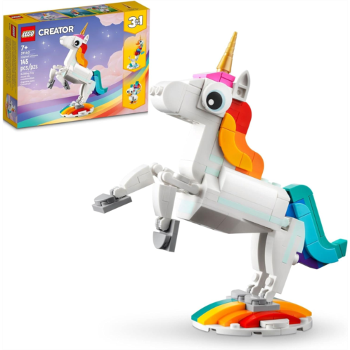 LEGO Creator 3 in 1 Magical Unicorn Toy, Transforms from Unicorn to Seahorse to Peacock, Rainbow Animal Figures, Unicorn Gift for Grandchildren, Girls and Boys, Buildable Toys, 311