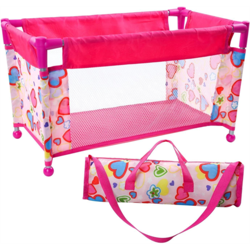 JIZHI Baby Doll Pack n Play Crib for Girls Foldable Doll Playpen Toy for 18 Dolls with Storage Bag,Pink