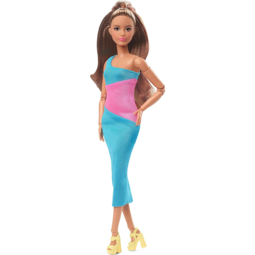 Barbie Looks Doll with Brown Hair Dressed in One-Shoulder Pink and Blue Midi Dress, Posable Made to Move Body
