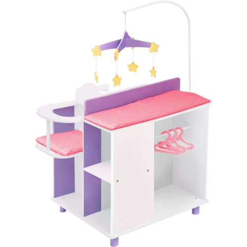 Olivias Little World Little Princess Baby Doll Two-Sided Wooden Baby Doll Changing Station with Storage Shelves, Closet, Highchair, Changing Table, and Sink, White with Purple and
