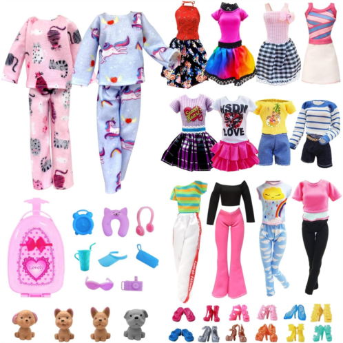 EumbHoa 28 Pack Girl Dolls Clothes and Accessories, 2 Storytelling Pajamas, 3 Fashion Dresses, 3 Clothing Outfits, 10 Shoes, Travel Set for 11.5 inch Dolls, Mini School Supplies