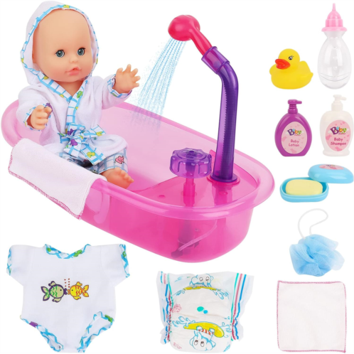 deAO Newborn Baby Doll Bath Set - Real Working Bathtub with Detachable Shower Spray, Toy Gift Set for 3+ Years Old Kids