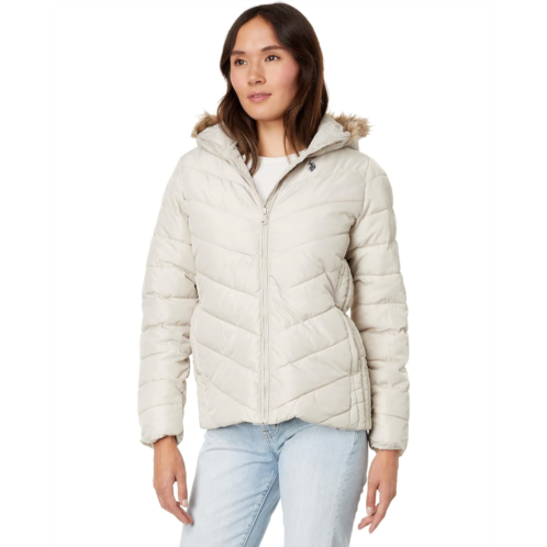 U.S. POLO ASSN. Chevron Cozy Faux Fur Lining Quilted Puffer with Cozy Faux Fur Hood