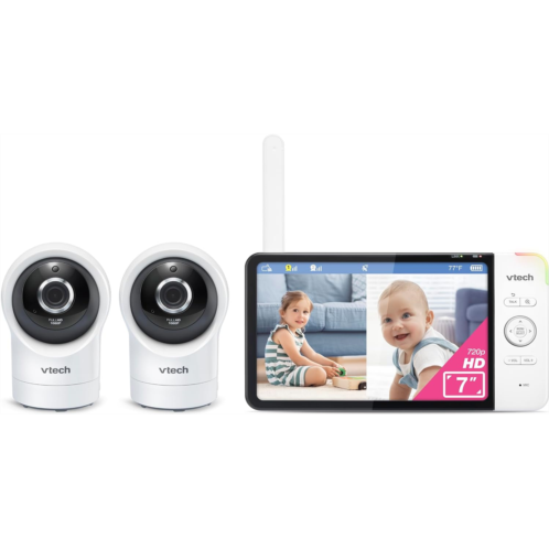 VTech RM7764-2HD 1080p Smart WiFi Remote Access 2Camera BabyMonitor, 360° Pan&Tilt, 10X Zoom, 7” 720p HD Display & NightVision, Soothing Sounds, 2-Way Talk, Temperature&Motion Dete