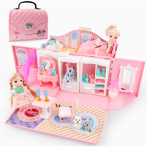 deAO Kids Dollhouse Playset Portable Dollhouse Toy Girls Pretend Playhouse with Furniture & Figures 2 in 1 Playhouse Set Birthday Gifts for Age 3-6 Year Old Kindergarten Toddlers P