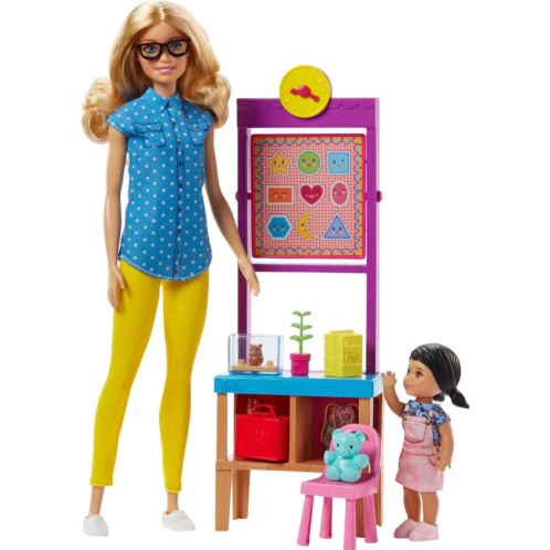 Barbie Teacher Dolls & Playset with Fashion Doll, Small Doll, Furniture & Accessories Including Flipping Blackboard