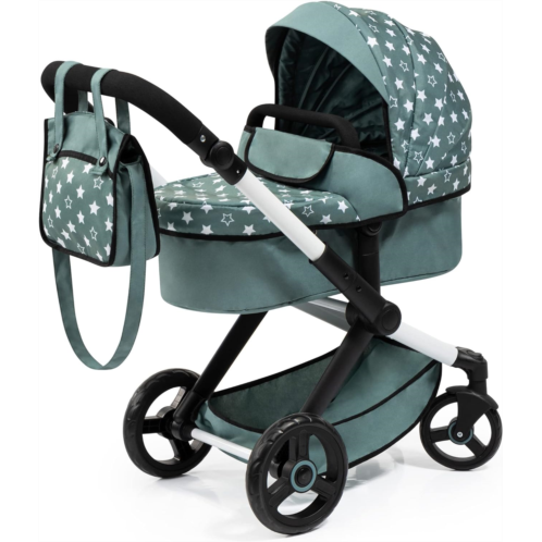 Bayer Design Dolls: Pram Xeo: Stars Green & White - Matching Handbag, Adjustable Handle, for Dolls Up to 20, Ages 3+