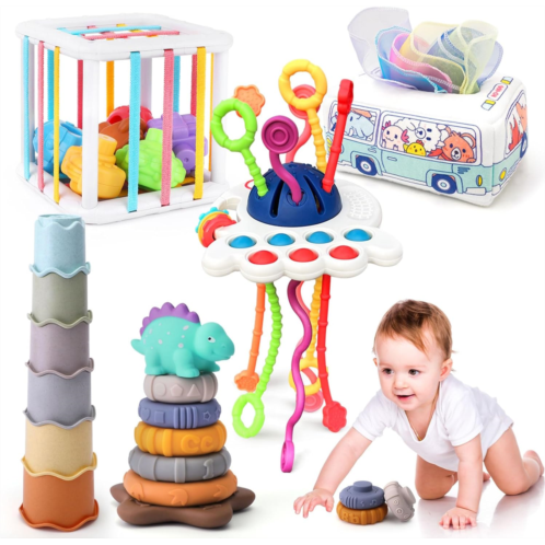 Syahro 5 in 1 Baby Montessori Toys Set Include Shape Sorter Bin with Sound, Baby Tissue Box, Stacking Cups, Pull String Toy, Soft Stacking Rings, Sensory Toys for Infants Toddlers