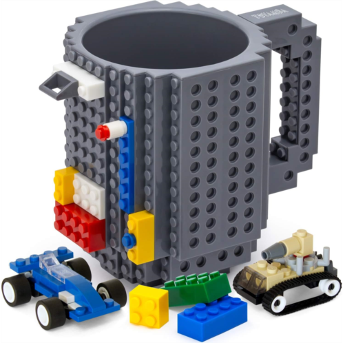 TOYAMBA Build-on Brick Mug BPA-Free Funny Coffee Mug with 3 Packs of Building Bricks, Funny Cups for Kids - Creative Building Block Mug DIY Idea 16OZ (Grey)