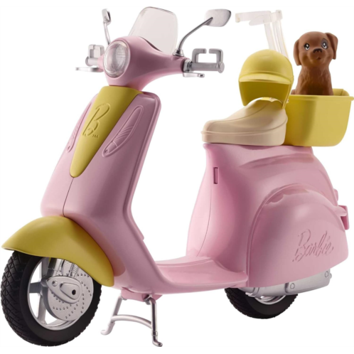 Barbie Scooter with Puppy and Helmet Accessory, Pink and Yellow Moped with Basket, Kickstand and Seat Clip for Doll