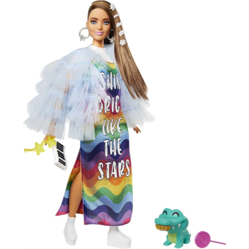 Barbie Extra Doll #9 in Blue Ruffled Jacket with Pet Crocodile, Long Brunette Hair with Bling Hair Clips, Layered Outfit & Accessories, Multiple Flexible Joints, For Kids 3 Years O