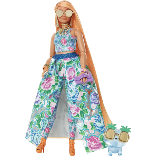 Barbie Extra Fancy Fashion Doll & Accessories with Curvy Shape & Orange Hair in Floral 2-Piece Gown with Pet Kitten