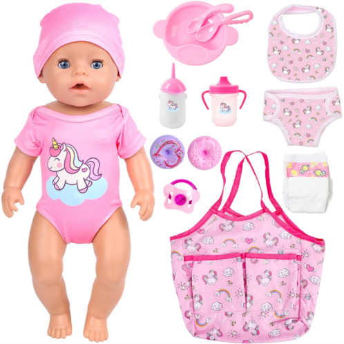 DOTVOSY 14 Piece Baby Doll Clothes Accessories Feeding Set with Handbag for 14-18 inch Doll Including Clothes, Feeding Bottles, Drinking Cups, Pacifiers, Cutlery, Donuts and More G