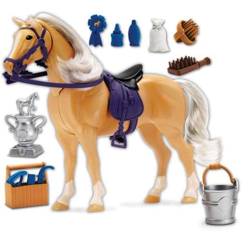 Sunny Days Entertainment Palomino Horse with Moveable Head, Realistic Sound and 14 Grooming Accessories - Blue Ribbon Champions Deluxe Toy Horses