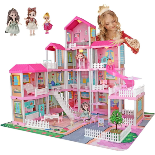 Mini Tudou Doll House Dreamhouse for Girls, Dollhouse with Lights, Play Mat and Dolls, DIY Building Pretend Play House with Accessories Furniture,Elevator and Slide,Playhouse for G