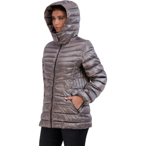 Womens Cole Haan Pearlized Faux Down Jacket with Removable Hood