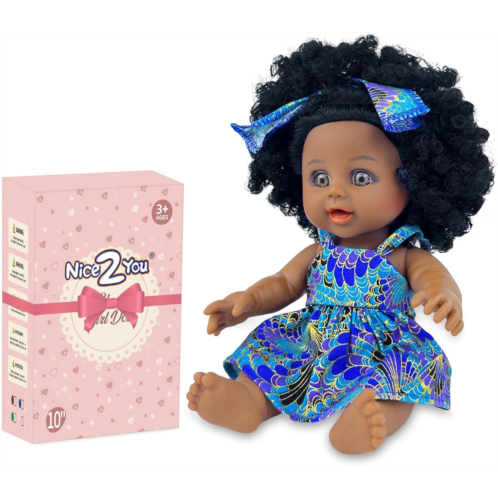Nice2you Black Baby Doll for Girl, 10 inch African American Black Doll with Dress, Reborn Realistic Baby Doll for Kids Aged 1 2 3 4 5, Small Silicone Black Doll Toy with Curly Hair