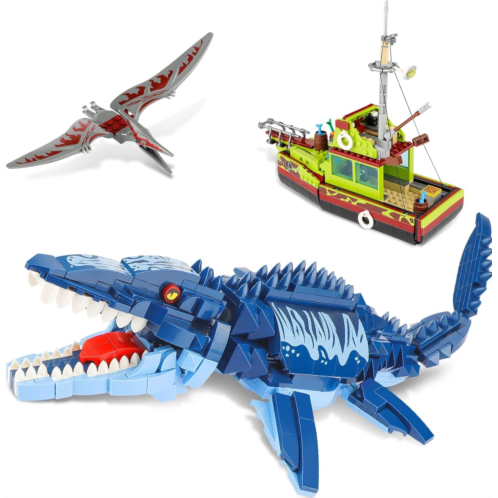 QLT QIAOLETONG QLT Dinosaurs Mosasaurs Building Set, with Cretaceous Period Pterosaur and Exploring Ship, Dominion Dinosaur Building Toys for Kids and Jurassic Lovers, 888 Pieces with Instruction