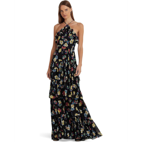 POLO RALPH LAUREN Womens Lauren Ralph Lauren Floral Ruffle-Trim Georgette Halter Gown