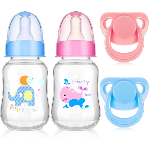 Jexine 4 Pieces Reborn Baby Doll Accessories, Includes 2 Magnetic Pacifier and 2 Baby Doll Bottles Baby Doll Pacifier Feeding Bottle for Reborn Dolls, Random Pattern, Pink and Blue
